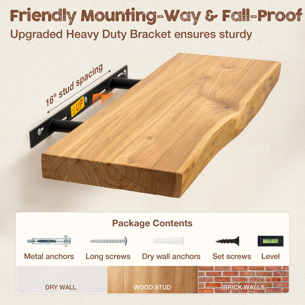 Live Edge Floating Shelves for Wall, 55 Inch Solid Elm Wood Shelves