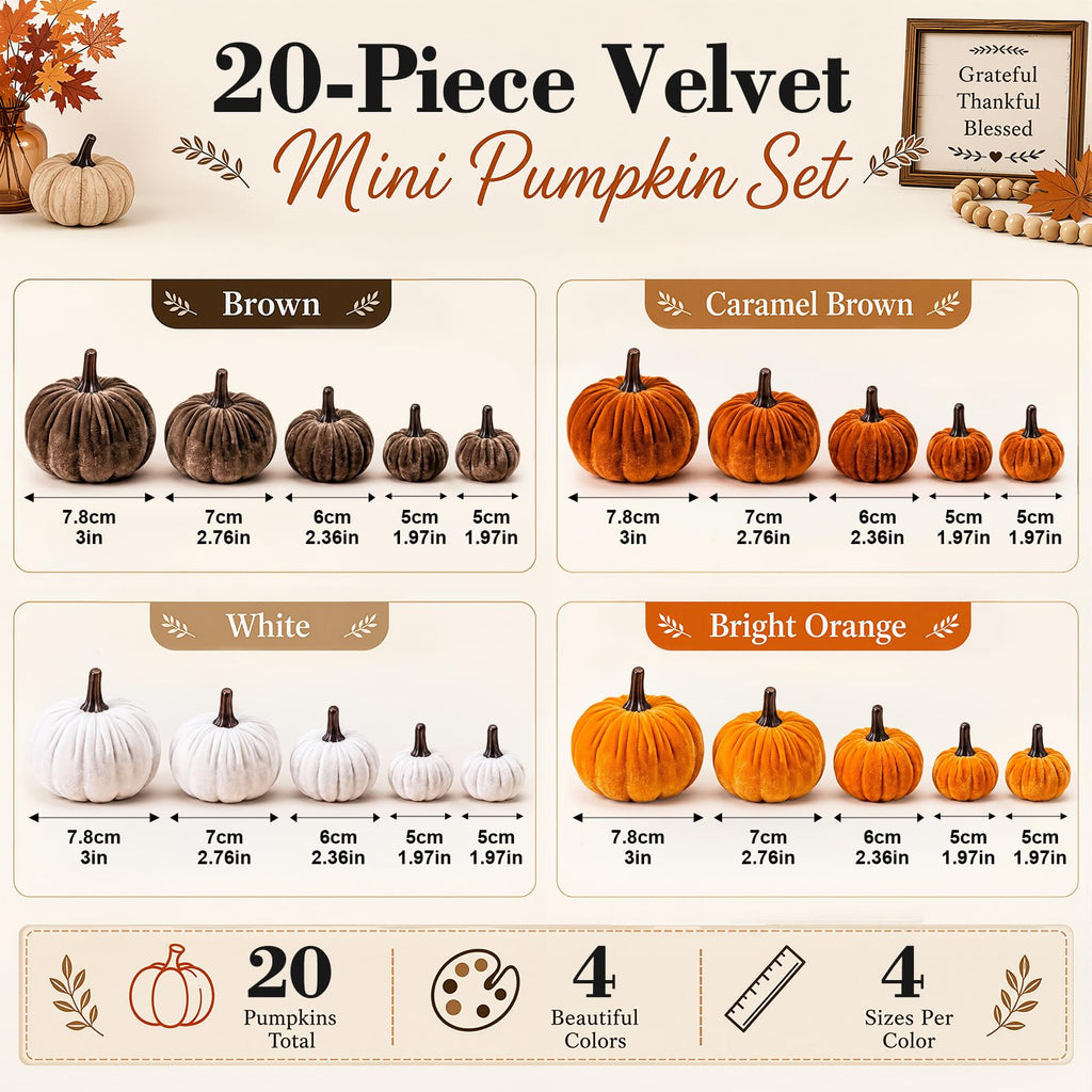 Fall Pumpkin Decor, 20 PCS Fall Decorations Fake Artificial Velvet Pumpkins with 4 Size & Color, Autumn Thanksgiving