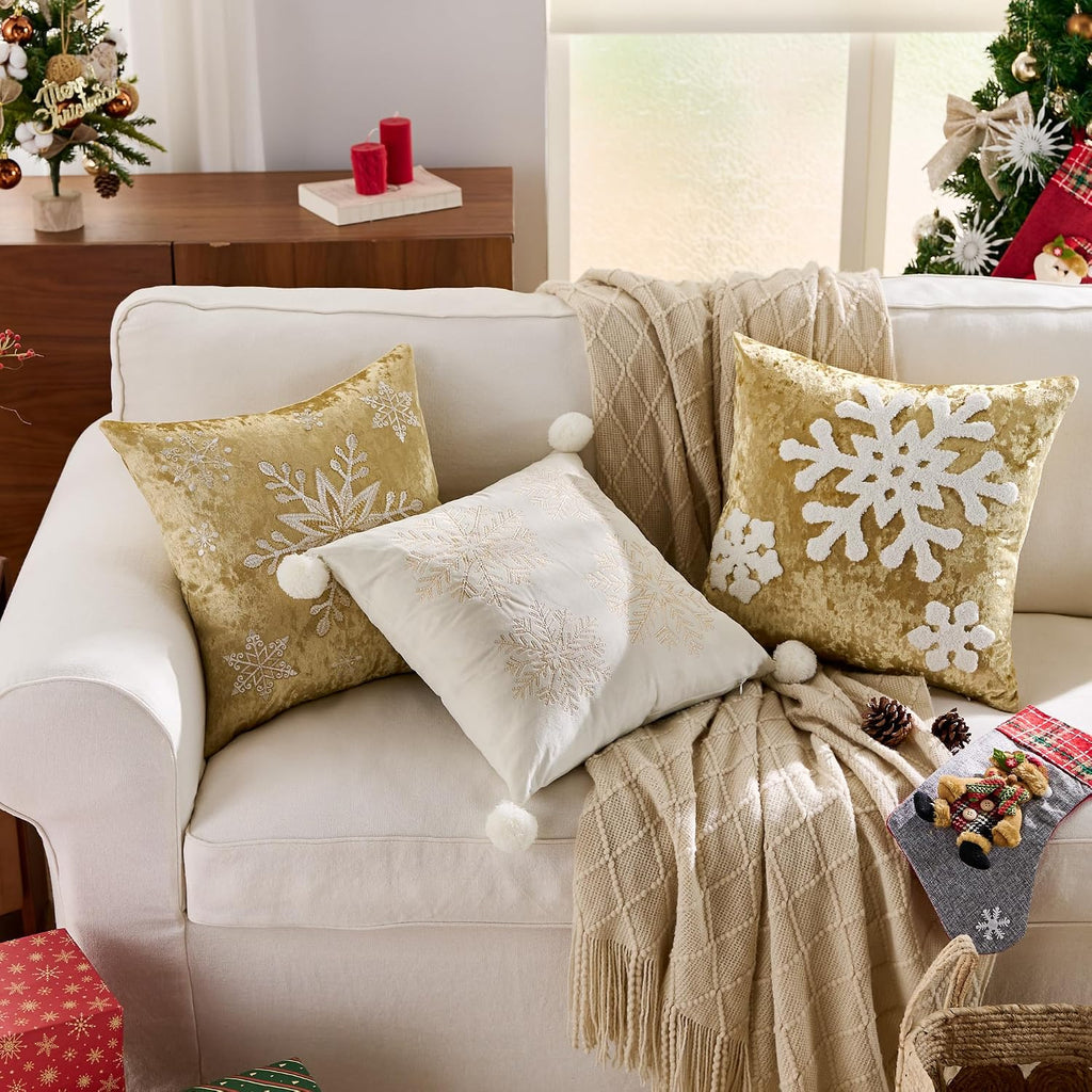 Christmas Snowflake Throw Pillow Covers 18x18 Winter Holiday Decorative Gold Embroidered Luxurious Velvet - Set of 2