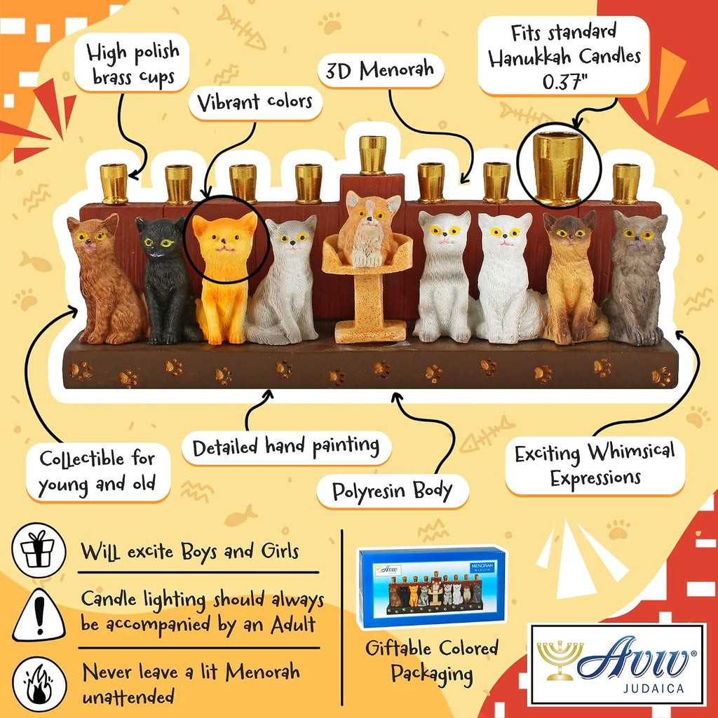 Hanukka Cat - 3D Sculptured Cats and Paw Prints on Menorahs Base Cats Themed Children Teens or Adults Collectible