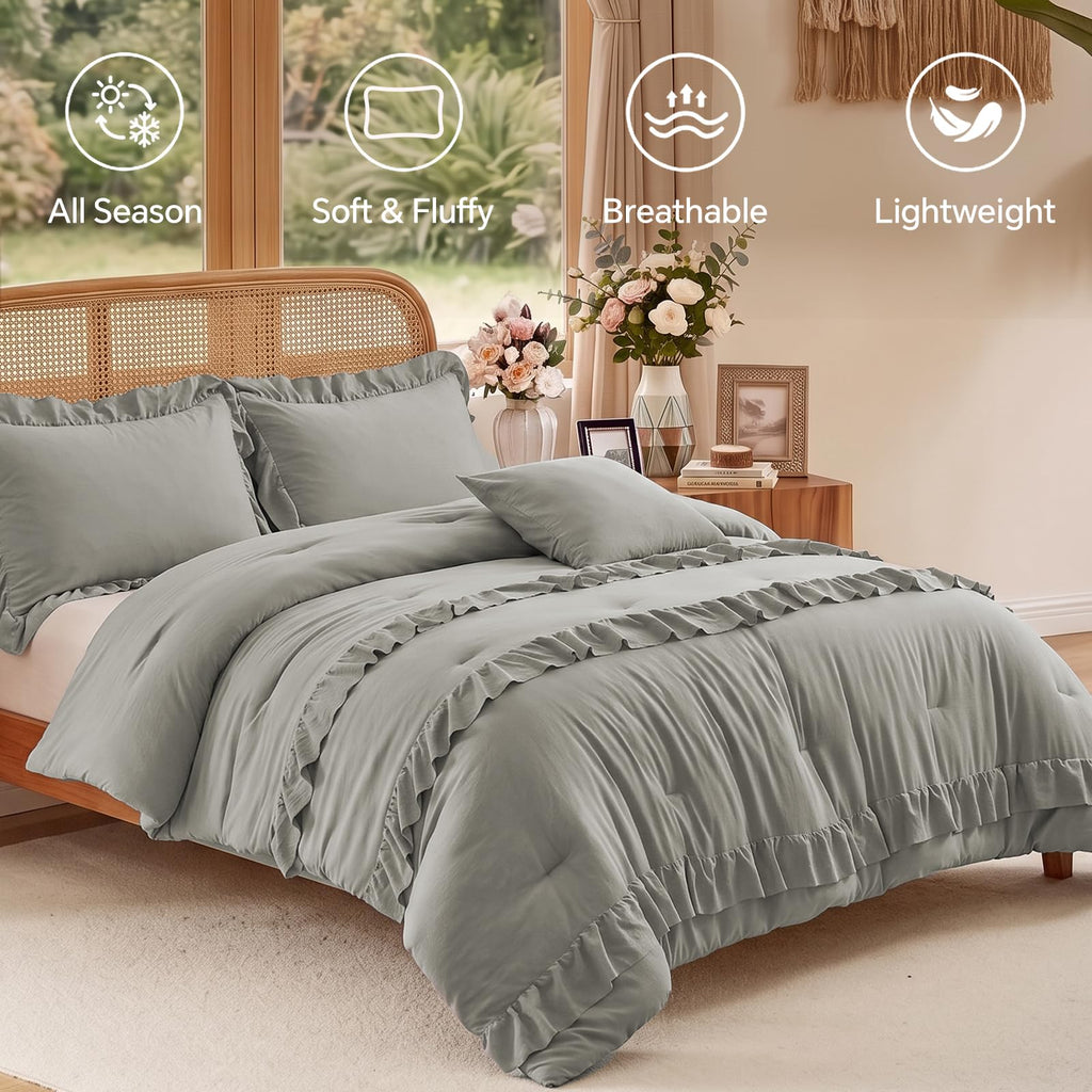 Grey Ruffle Comforter, 4 Pieces Farmhouse Bedding Set