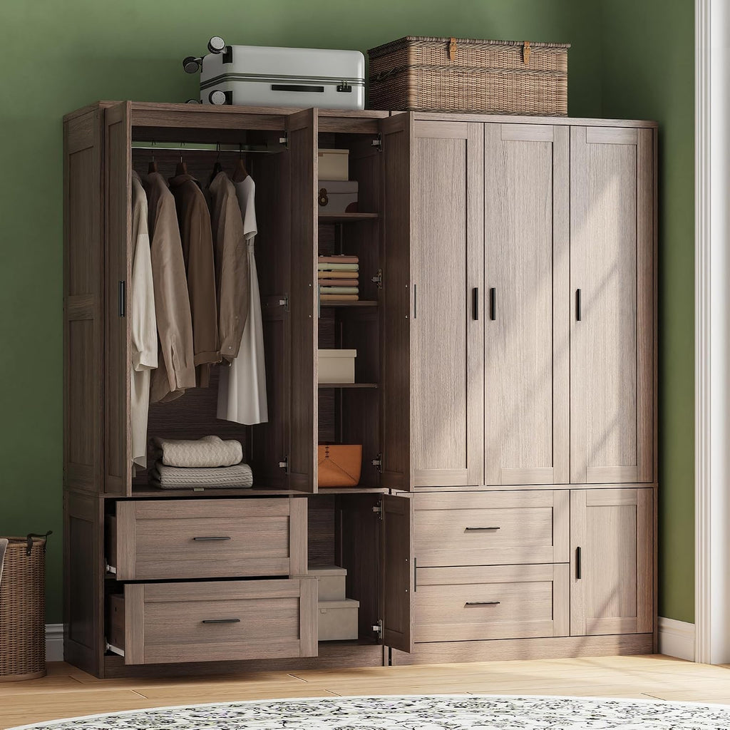 70.6 Inch Armoire Wardrobe Closet with Drawers (Dark Walnut) | Freestanding engineered wood armoire with a hanging