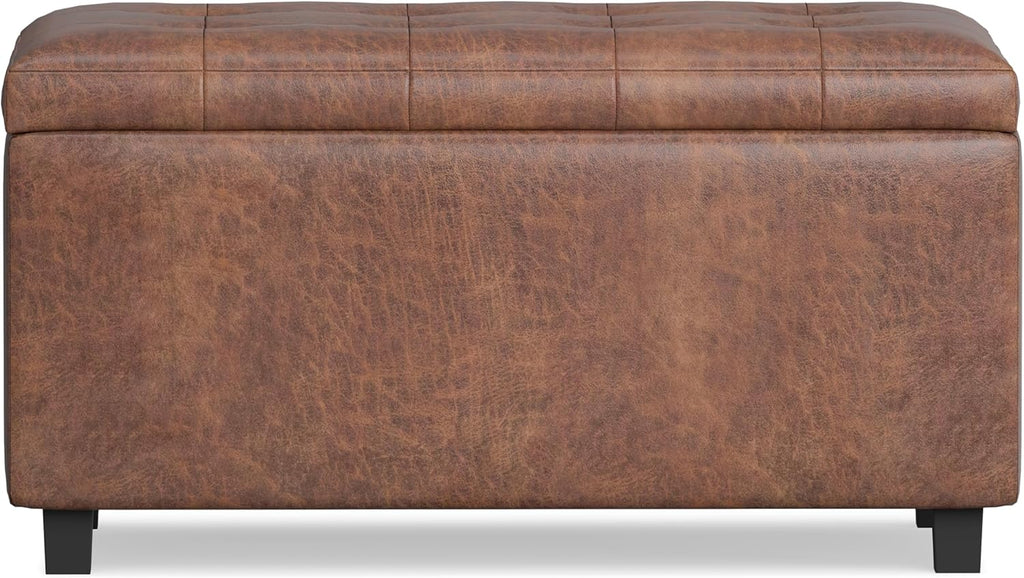 Cosmopolitan 34" Wide Vegan Leather Storage Ottoman in Brown | Distressed saddle brown, transitional storage ottoman