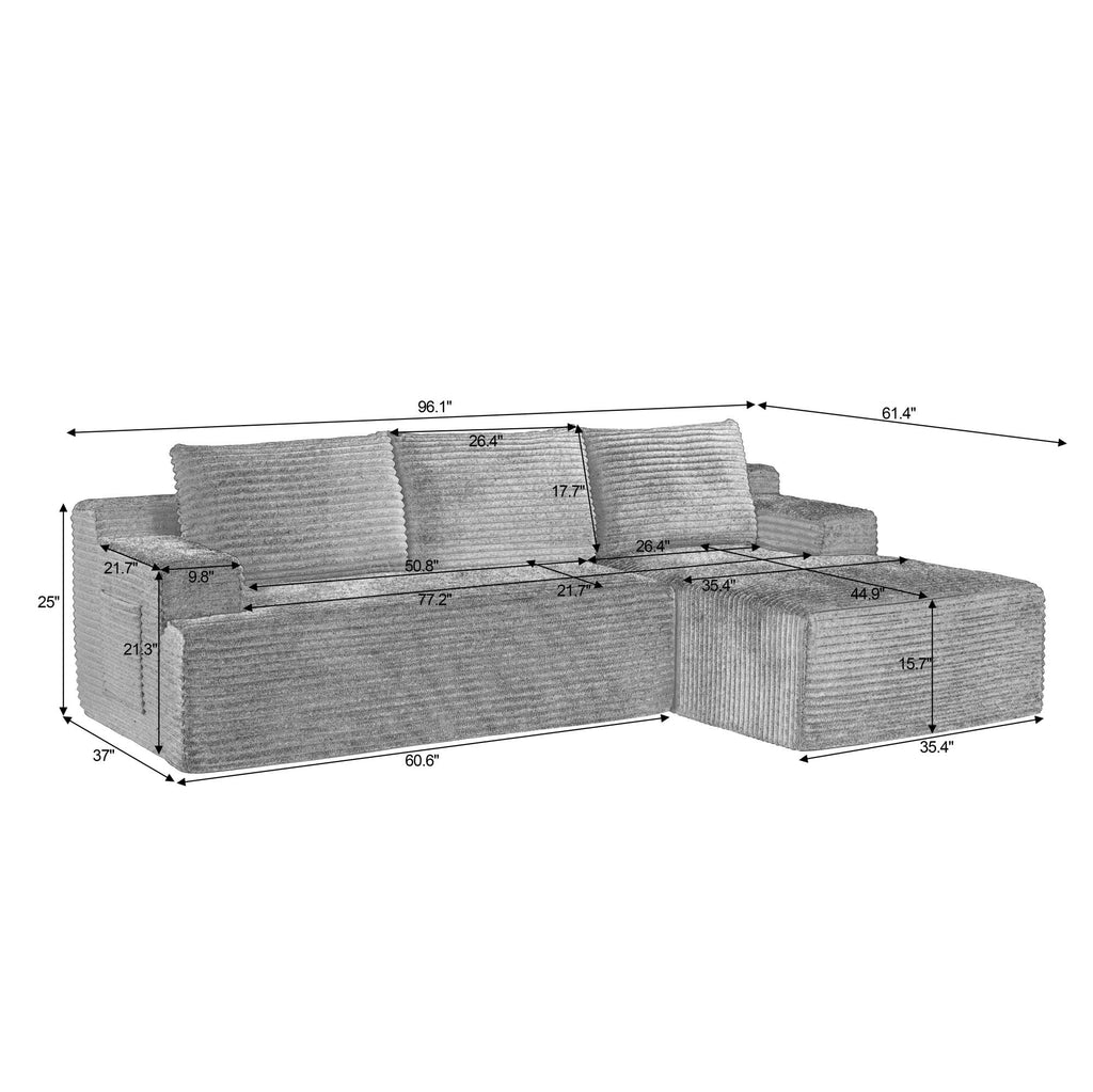 97" Cloud Sectional Couch, Modern Modular Sectional Sofa with Deep Seat, Corduroy Boneless Couches with L-Shape Chaise