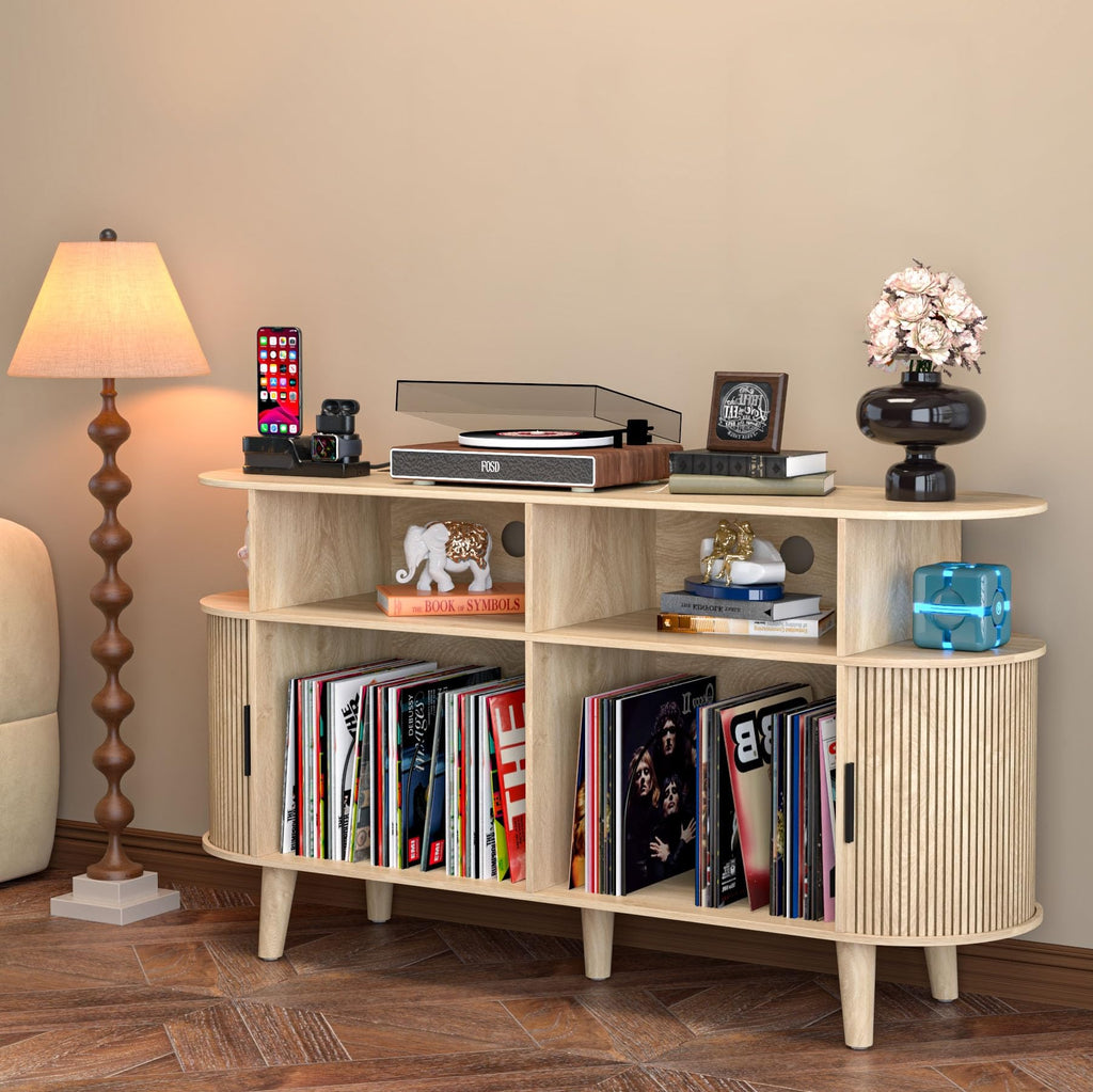 Large Round Record Player Stand with Charging Station & USB Ports
