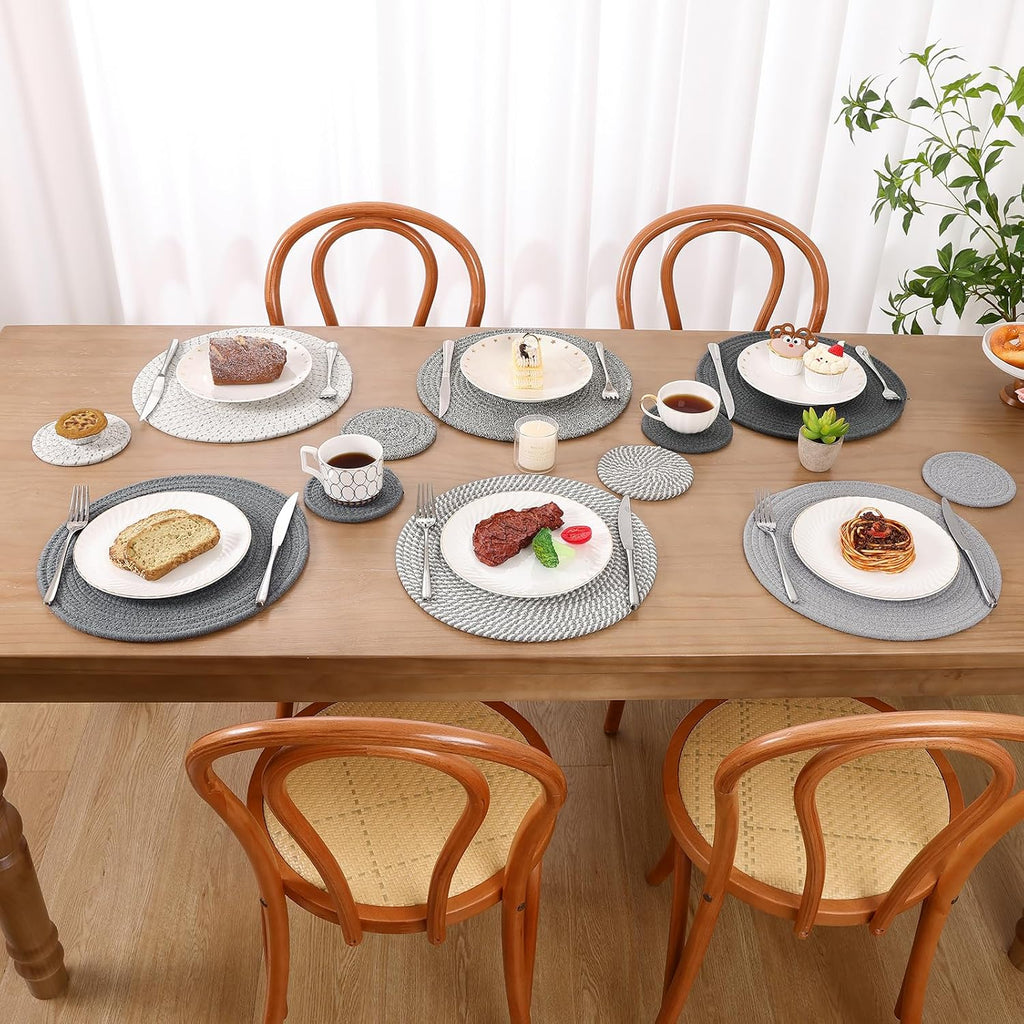 Woven Rope Round Placemats with Coasters, 13inch + 5.2inch - Set of 6