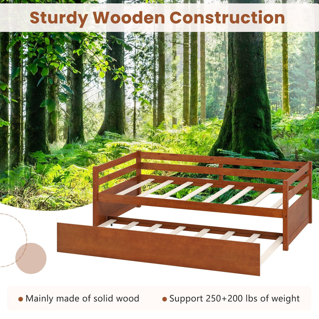Twin Daybed with Trundle, Wood Trundle Bed with Wood Slat Support, Mid Century Day Bed Frame Guest Room, No Box
