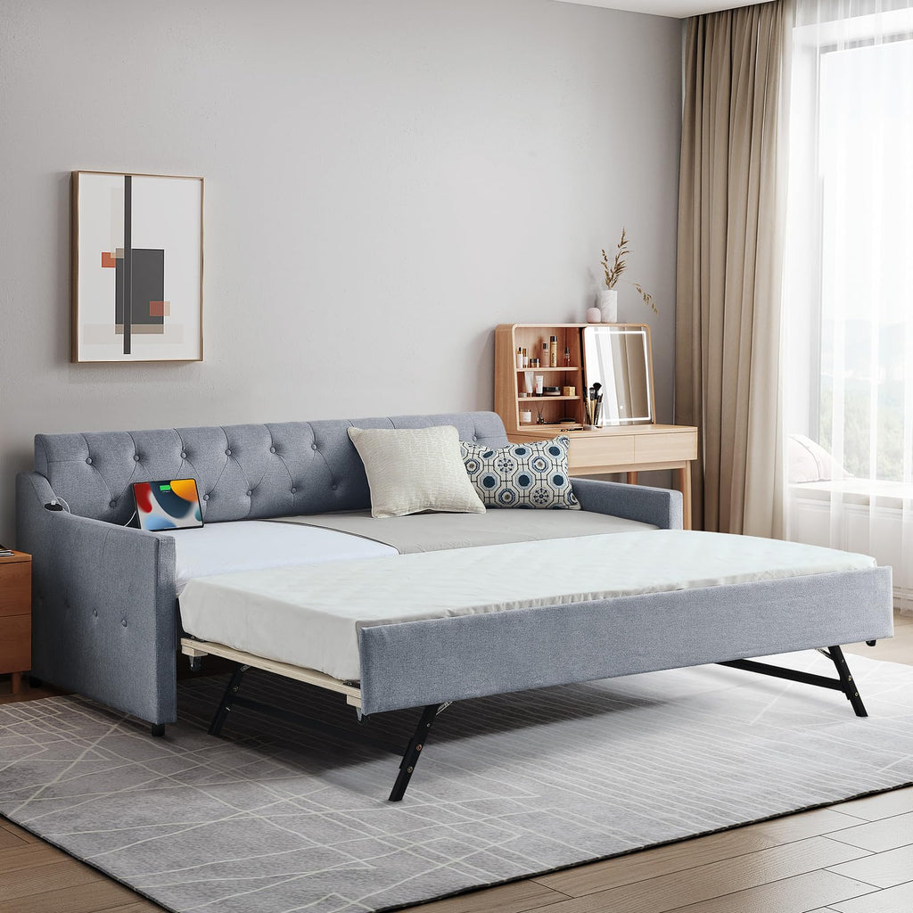 Daybed with Pop Up Trundle, Modern Button Tufted Linen Upholstered Sofa Bed Frame, Twin to King Size Day Bed w/USB &