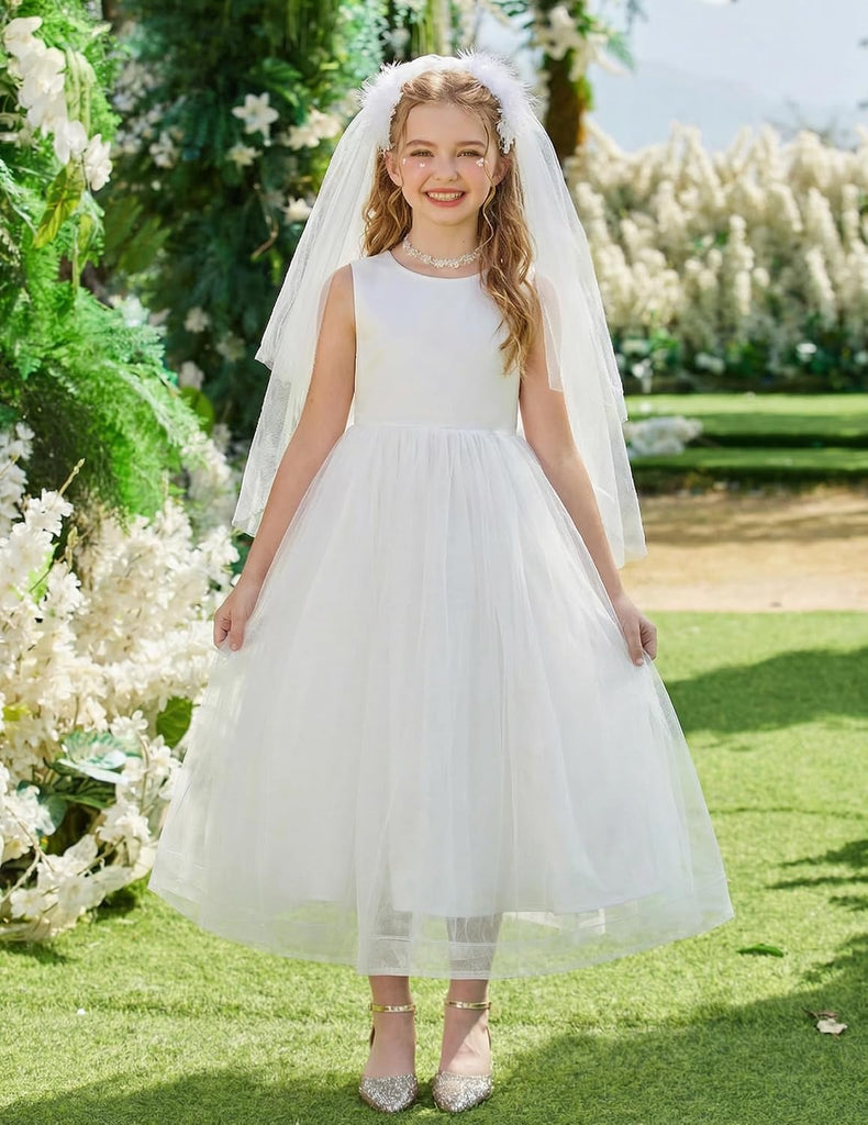 Flower Girl Dress V-Back Bowknot Formal Party Long Tulle Dresses