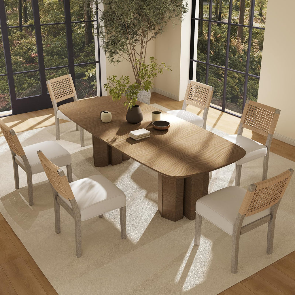 Farmhouse Dining Chairs Set of 4, Upholstered Kitchen Room Chairs with Rattan Back, Solid Wood Woven Back Dining