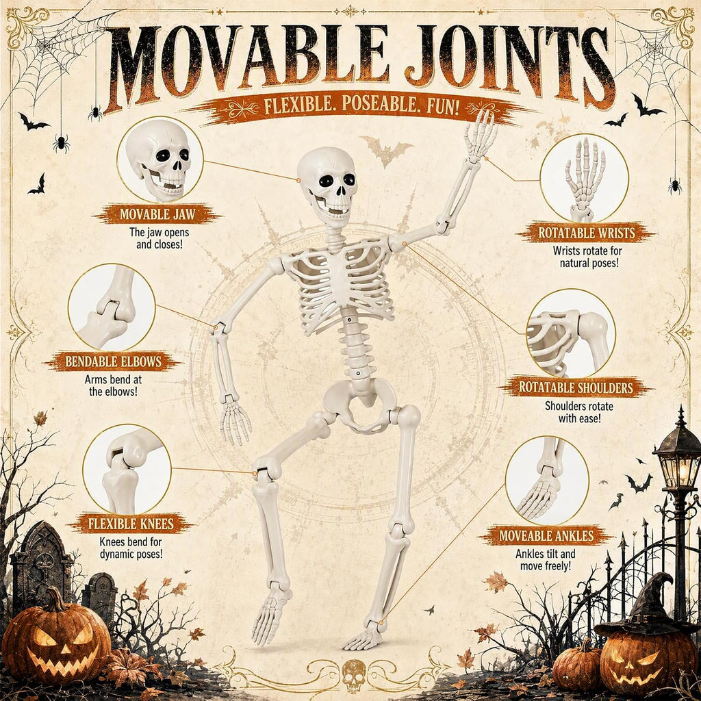 36" Halloween Skeleton, 3 ft Human Skeleton Full Body Posable Joints Plastic Skeleton for Halloween Decoration, Yard