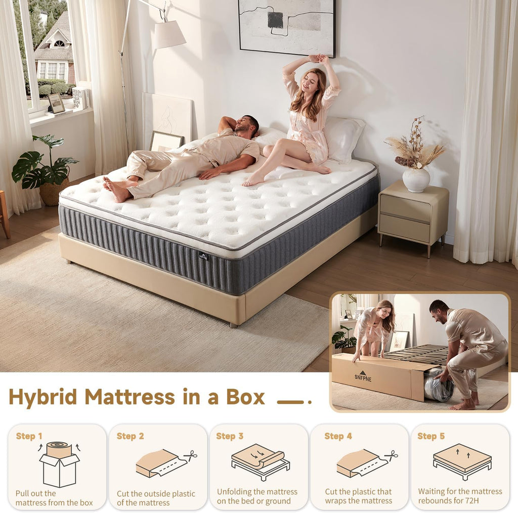 King Size Mattress 14 Inch, Hybrid Mattresses in a Box, Medium Firm Individual Pocket Springs Fiberglass Free
