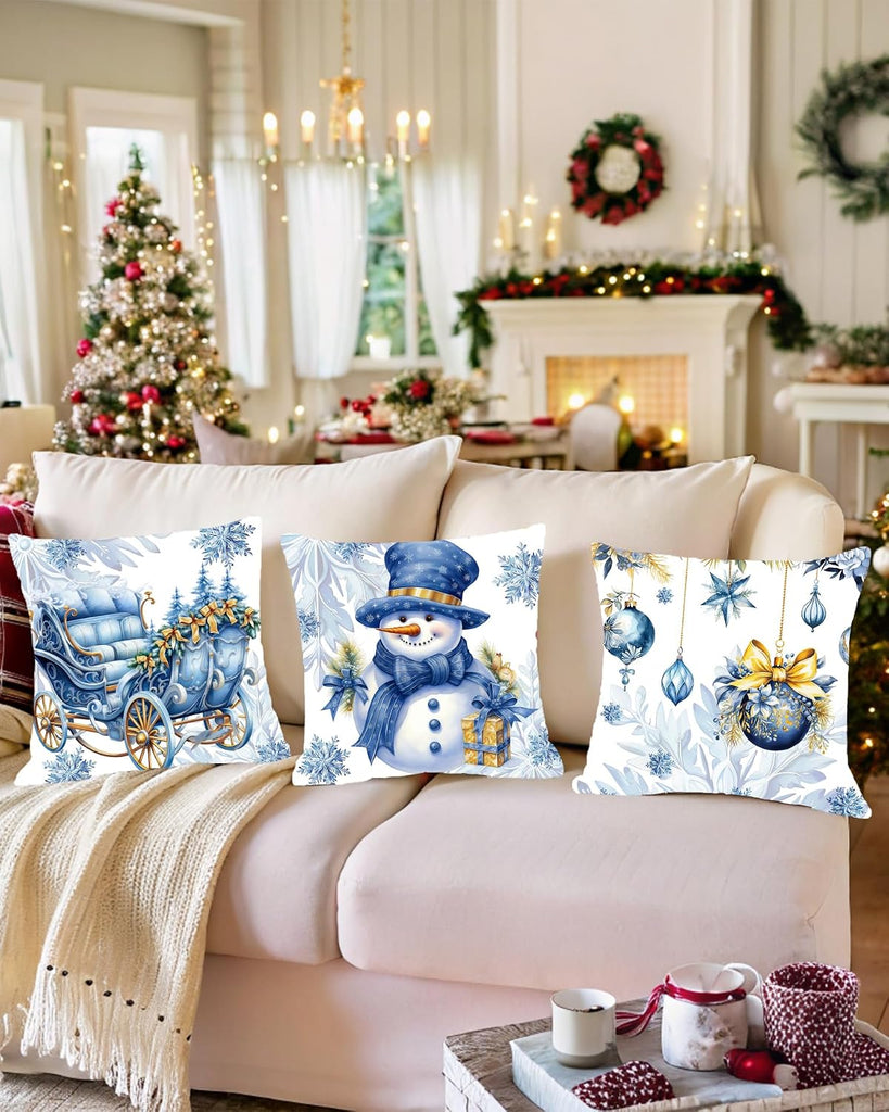 Christmas Pillow Covers,Blue Snowman Pillow Case Christmas Decorative Stuff Winter Decorations Couch Cushion - Set of 4