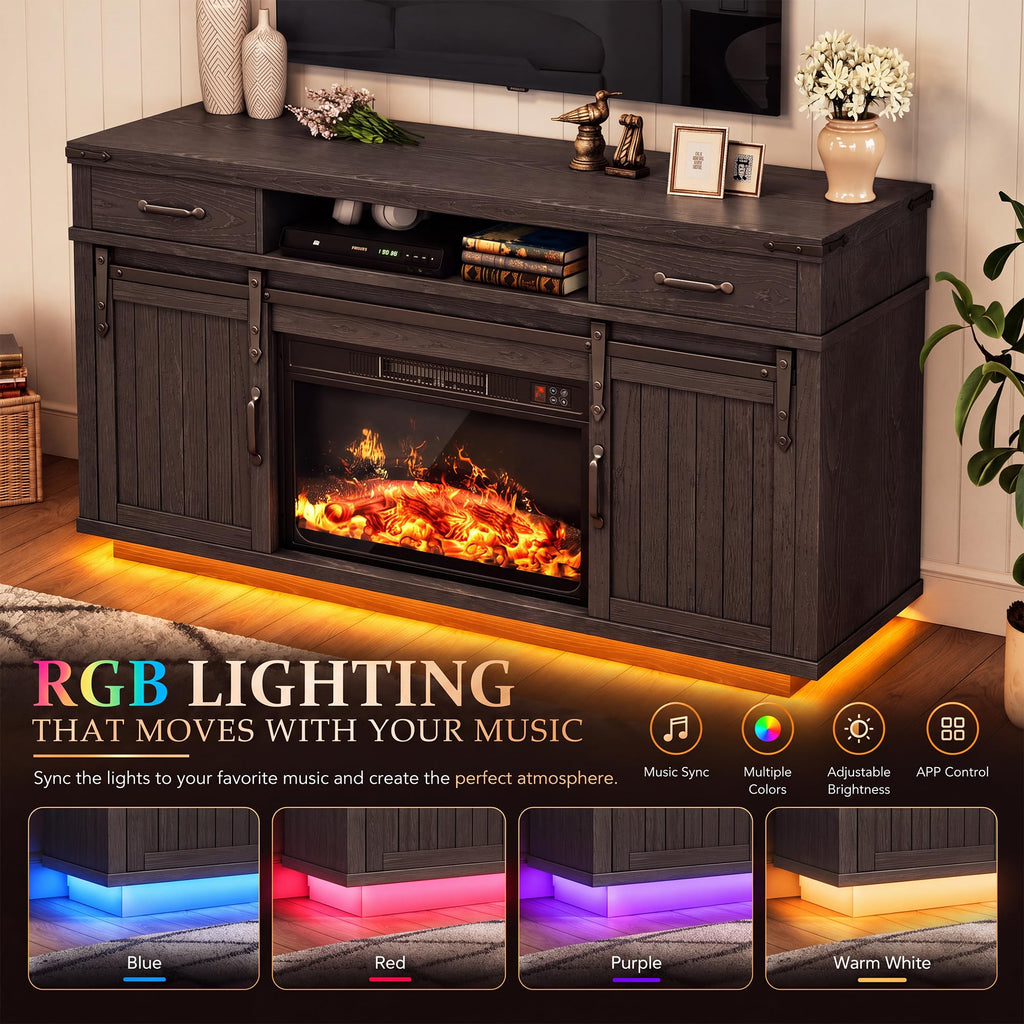 For TVs up to 65", Electric Fireplace with 3D Flame, Farmhouse LED Light Entertainment Center TV Console with with 2