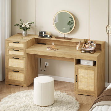 63" Rattan Computer Desk with 4 Drawers