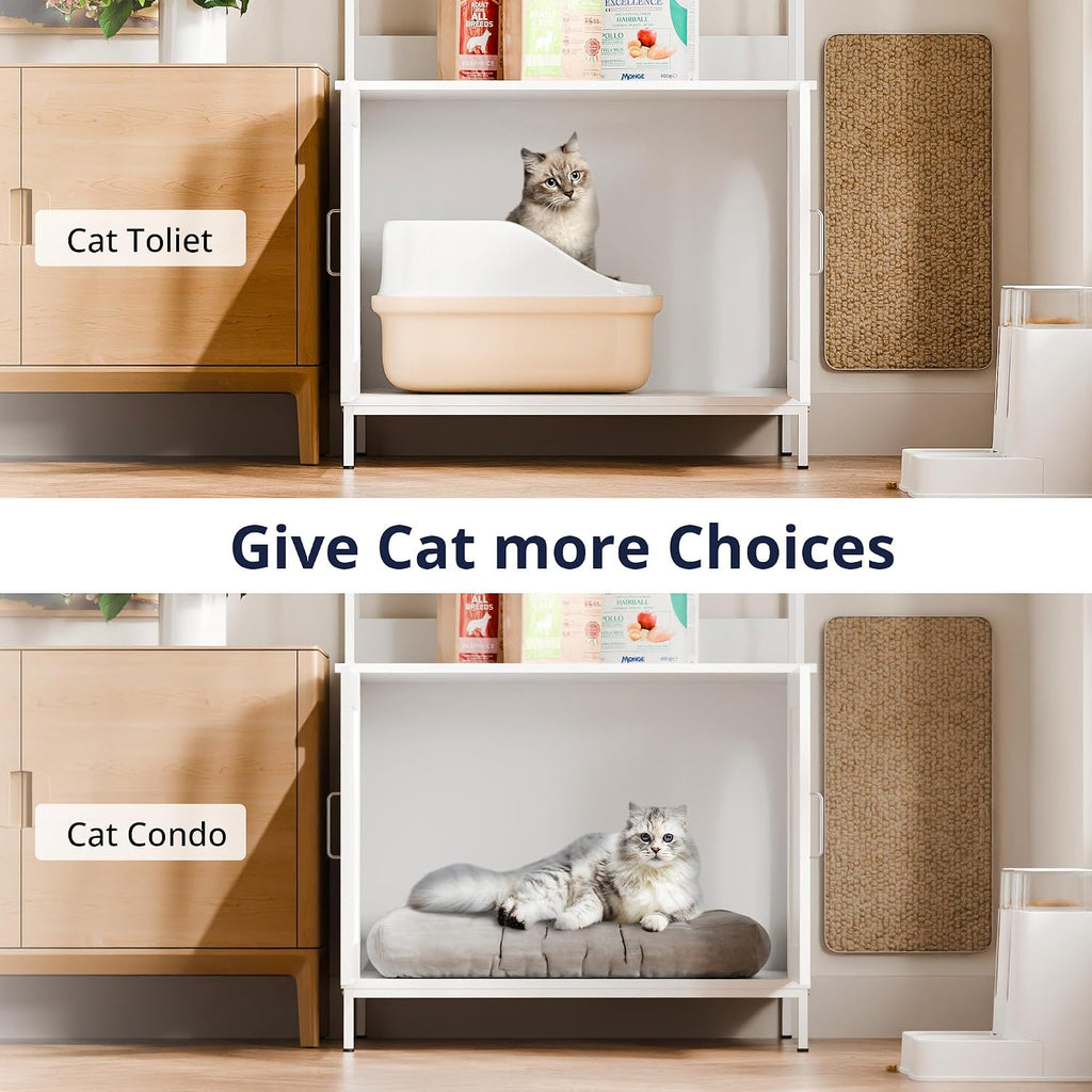 Cat Litter Box Enclosure with Storage, 57'' Hidden Cat House Furniture, Wooden Cat Cabinet with Shelves & 4 S-Hooks