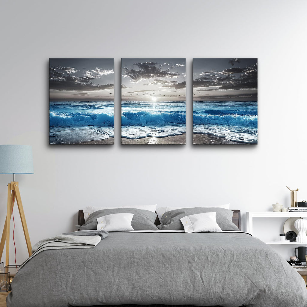 Black And White Beach Pictures Large Wall Decor Canvas Wall Art Modern Office Decorations Blue Sea Wave Ocean