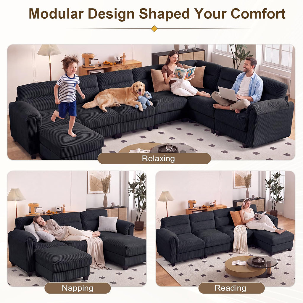 115" Modular Sectional Sofa Couch with Movable Ottoman, Oversized Corduroy U Shaped Sectional Couches with Rolled