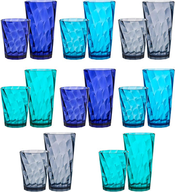 Optix Plastic Reusable Drinking Glasses (Set of 16) 14oz Rocks & 20oz Water Cups in Coastal Colors | BPA-Free