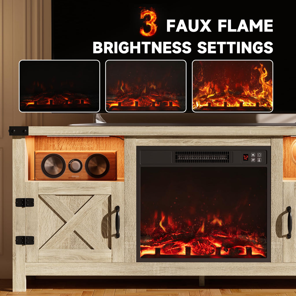 LED Entertainment Center with Fireplace, Light Oak