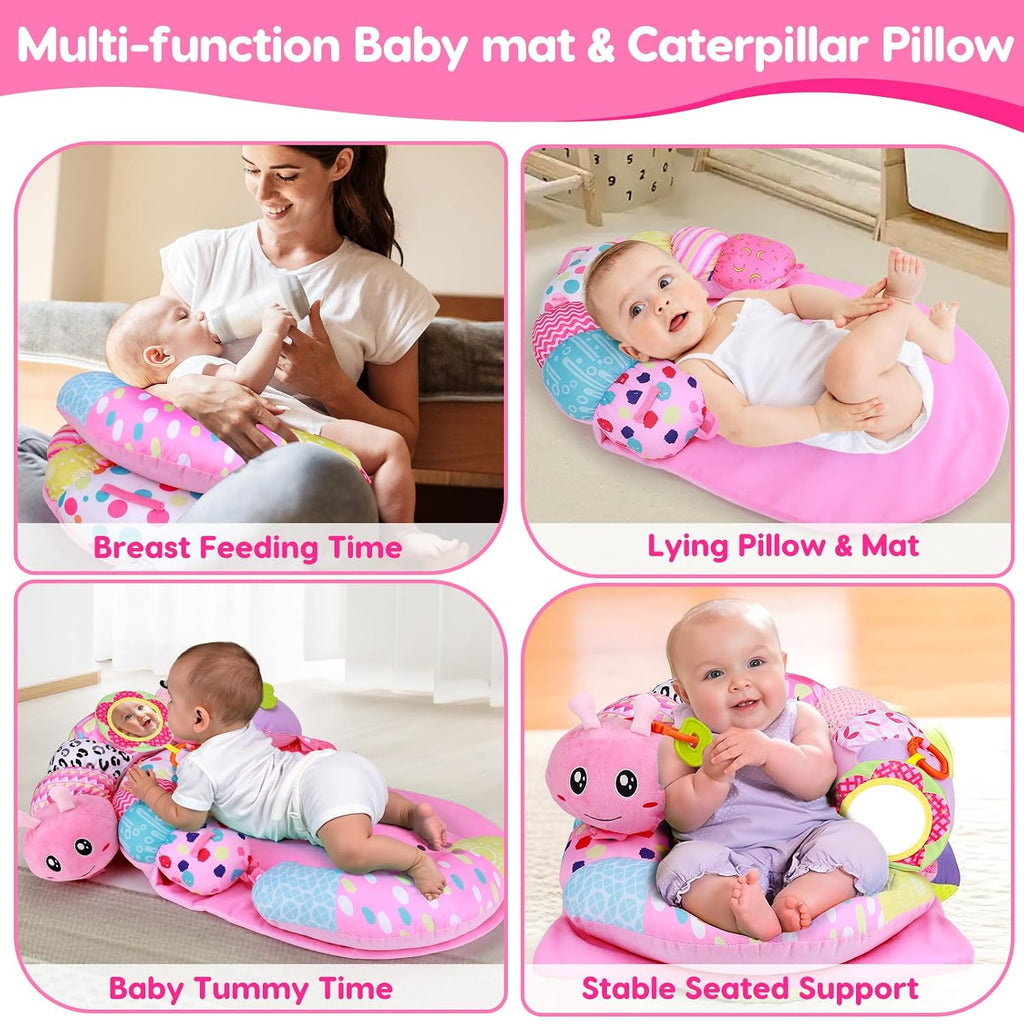 2 in 1 Baby Tummy Time Mat & Support Seated Pillow Infant Newborn Toys 0 1 2 3 4 5 6 Months Pink Caterpillar Sensory