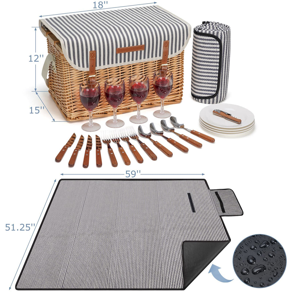 Wicker Picnic Basket for 4 with Wine Table - Stripe