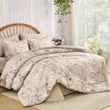 DJY Queen Comforter Set,Taupe Botanical Floral Bedding Comforter Sets Queen for All Seasons,7 Pieces Queen Bed in a