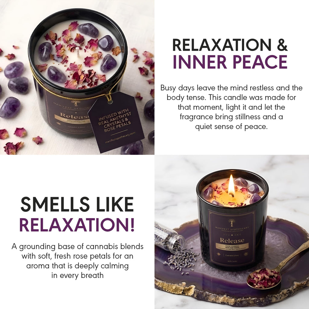 Aromatherapy Scented Candle for Women & Men - Infused with Rose Petals, Cannabis, & Amethyst Crystals - 100% Cotton