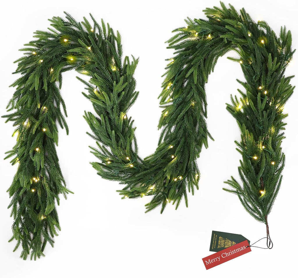 15FT Christmas Norfolk Pine Pre-Lit Garland with 125 LED Lights Real Touch Prelit Garland Christmas Greenery Garland