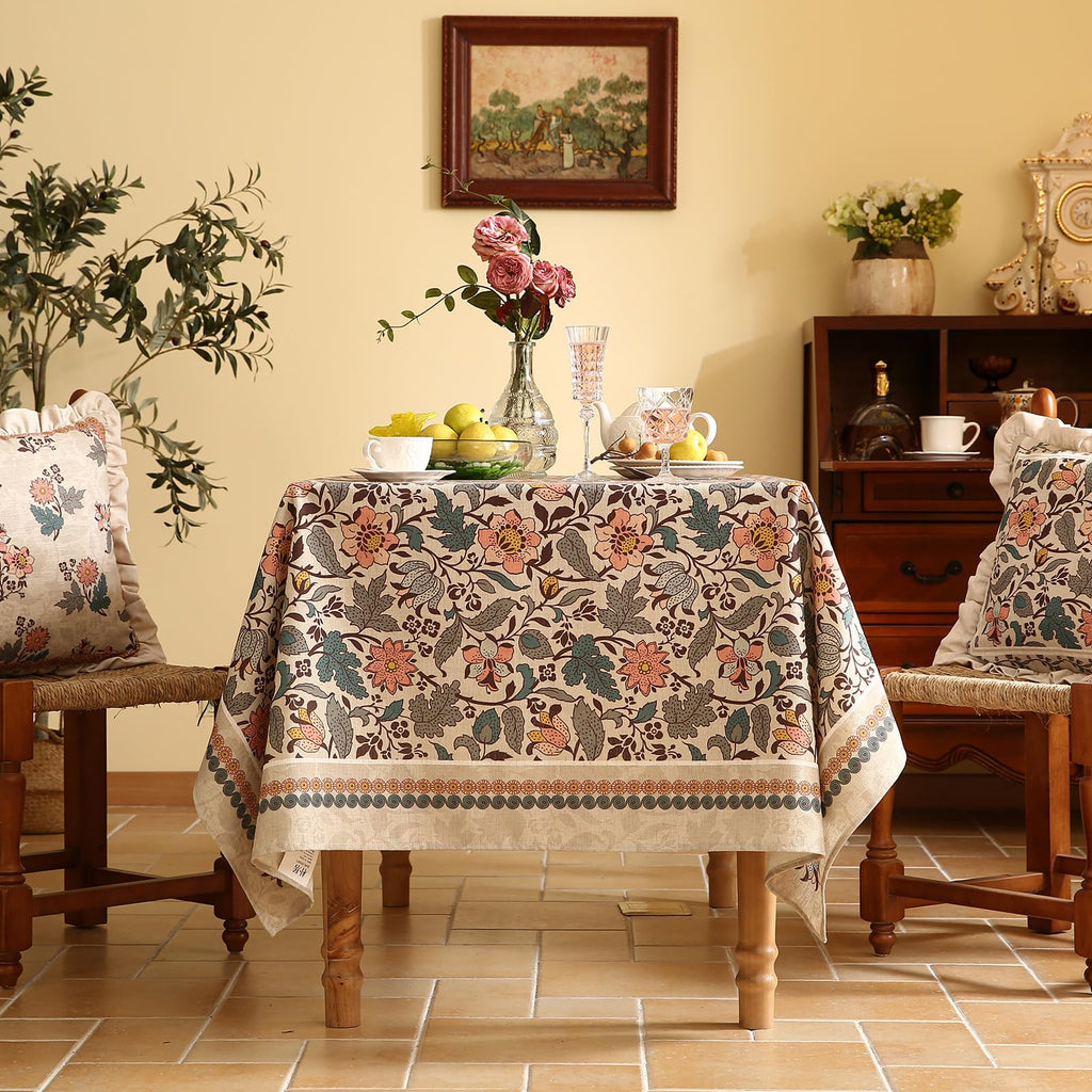 Designer Boho Floral Square Tablecloth, Linen Lotus Flower Pattern Colorful Indoor Table Cloth, Durable Decor