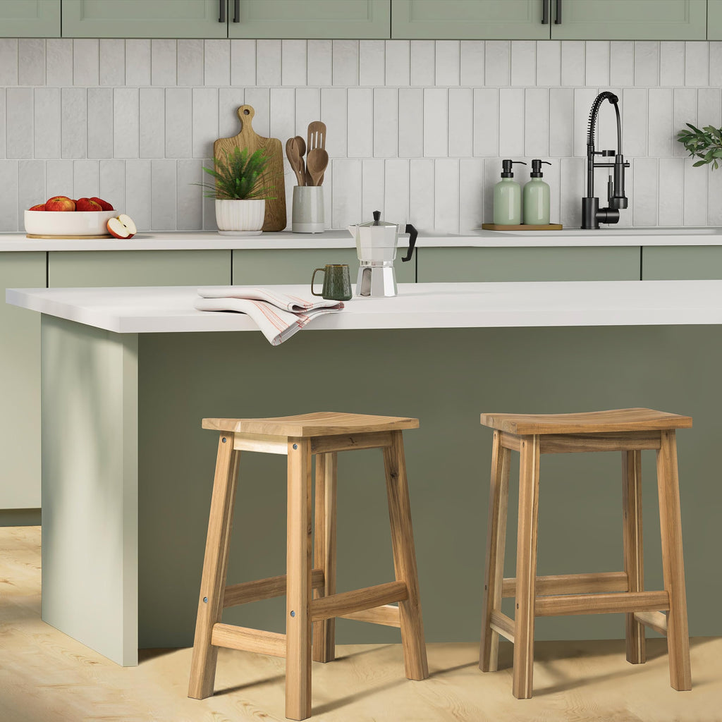 Set 2 Solid Wood Bar Stools, Saddle-Seat Counter Height Stool, White Oak