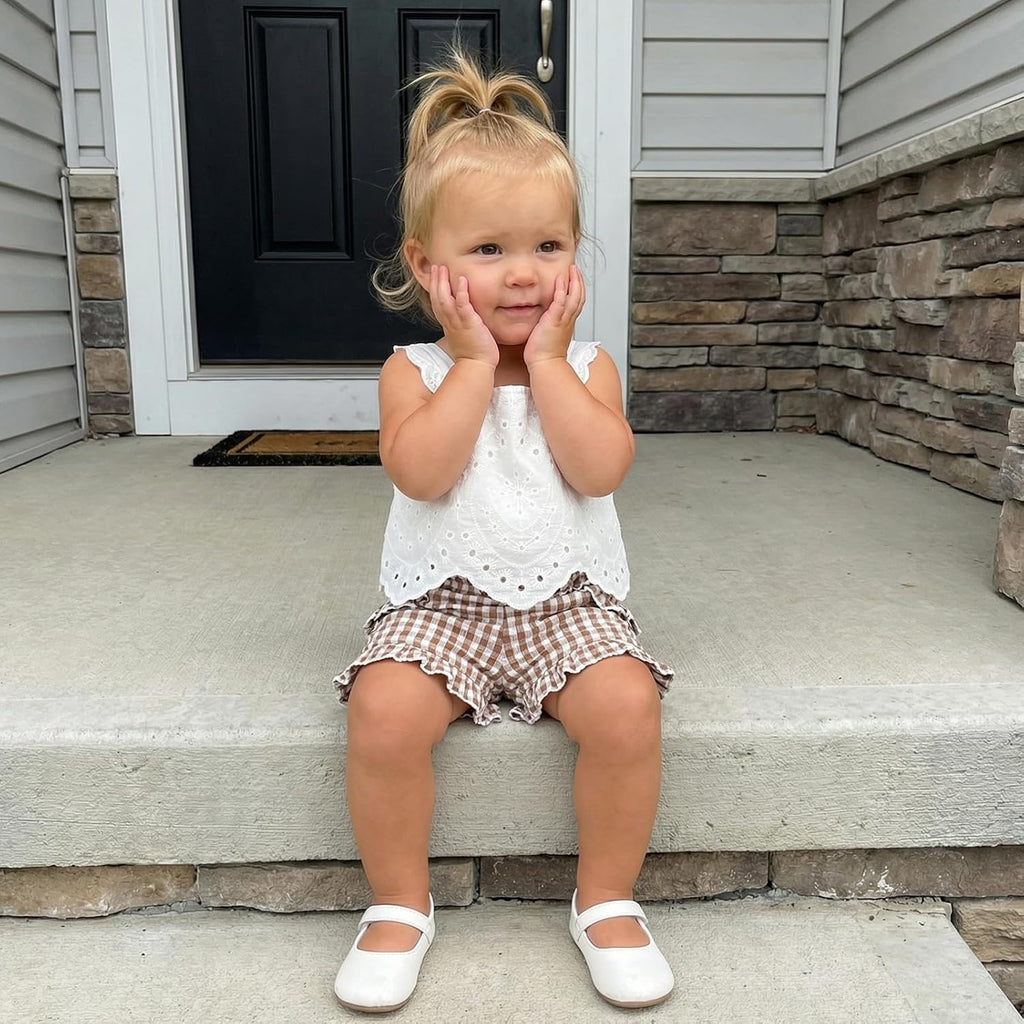 2Pcs Toddler Baby Girl Summer Outfits Sleeveless Lace Crop Top + Ruffle Plaid Shorts Clothes Set for Girls
