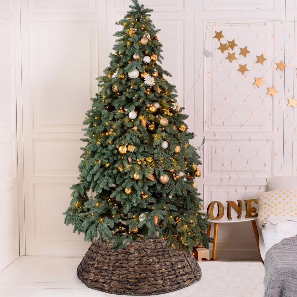 Christmas Tree Collar, 24'' Water Hyacinth Tree Collar, Woven Tree Collar with Cord Cut-Out, Rattan Wicker Tree Skirt