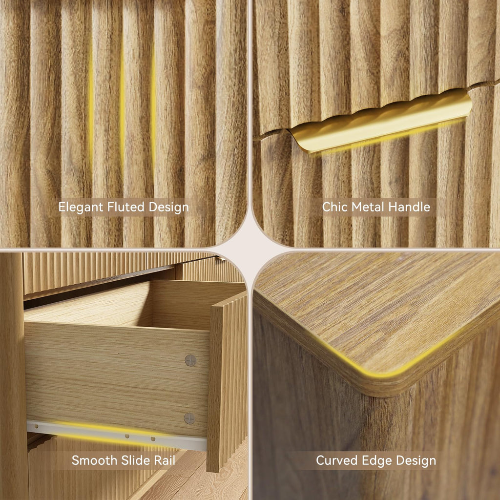 Fluted 7 Drawer Dresser, 55" Wide Wooden Chest of Drawers with Rounded Corners, Gold Handles, Modern Storage