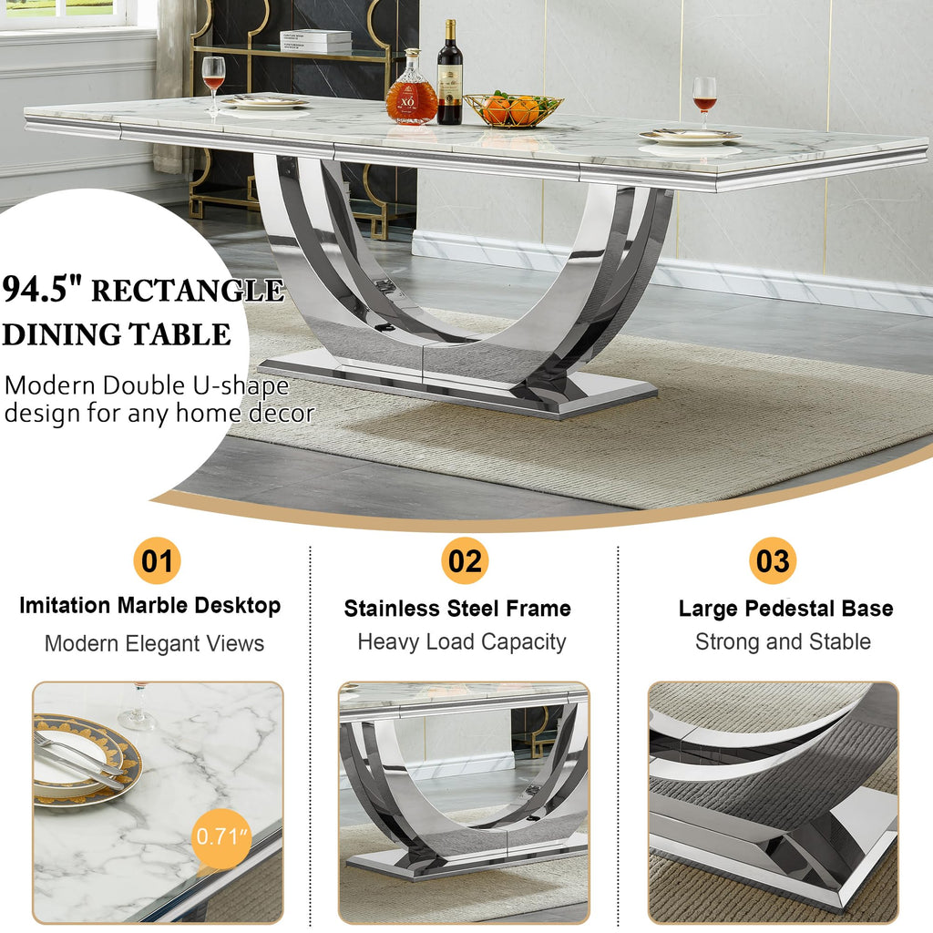 94.5" Large Marble Dining Table Set for 8, Luxury White Silver Kitchen Table with 8 Grey Velvet Tufted Chairs, Modern