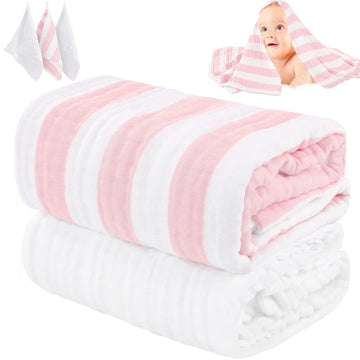 Organic Muslin Baby Bath Towel Blanket Pc Gift Set -Pink Stripe