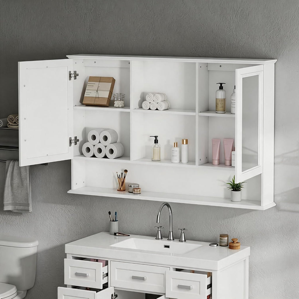 Large Bathroom Medicine Cabinet 60" x 35", Double Mirrored Doors Bathroom Mirror with Storage Shelves, Wall Mounted