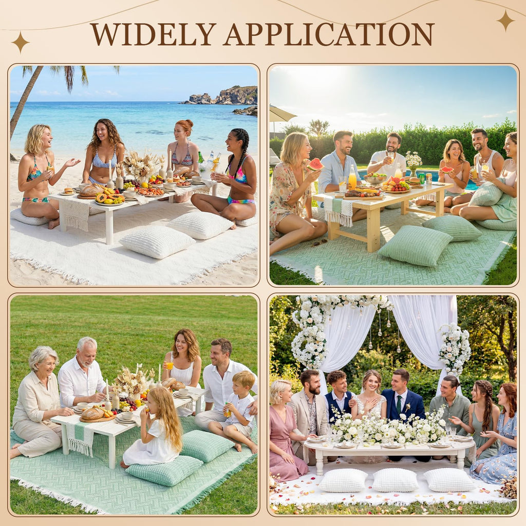 Extra Large Outdoor Rug Boho Picnic Blanket with Table Runner and 6 Throw Pillows Covers for Outdoor Essentials Beach