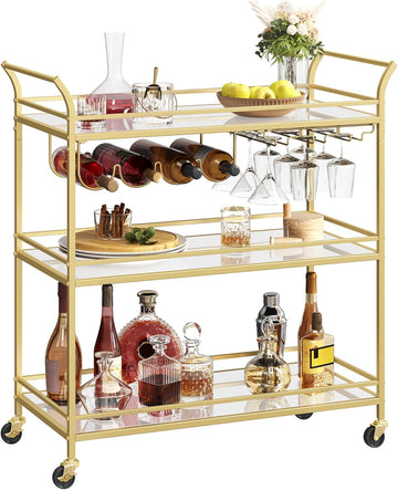 Bar Cart Gold, Large Home Bar Serving Cart with 3-Tier Mirrored Shelf, Wine Holders, Glass Holders, Kitchen, 15 x
