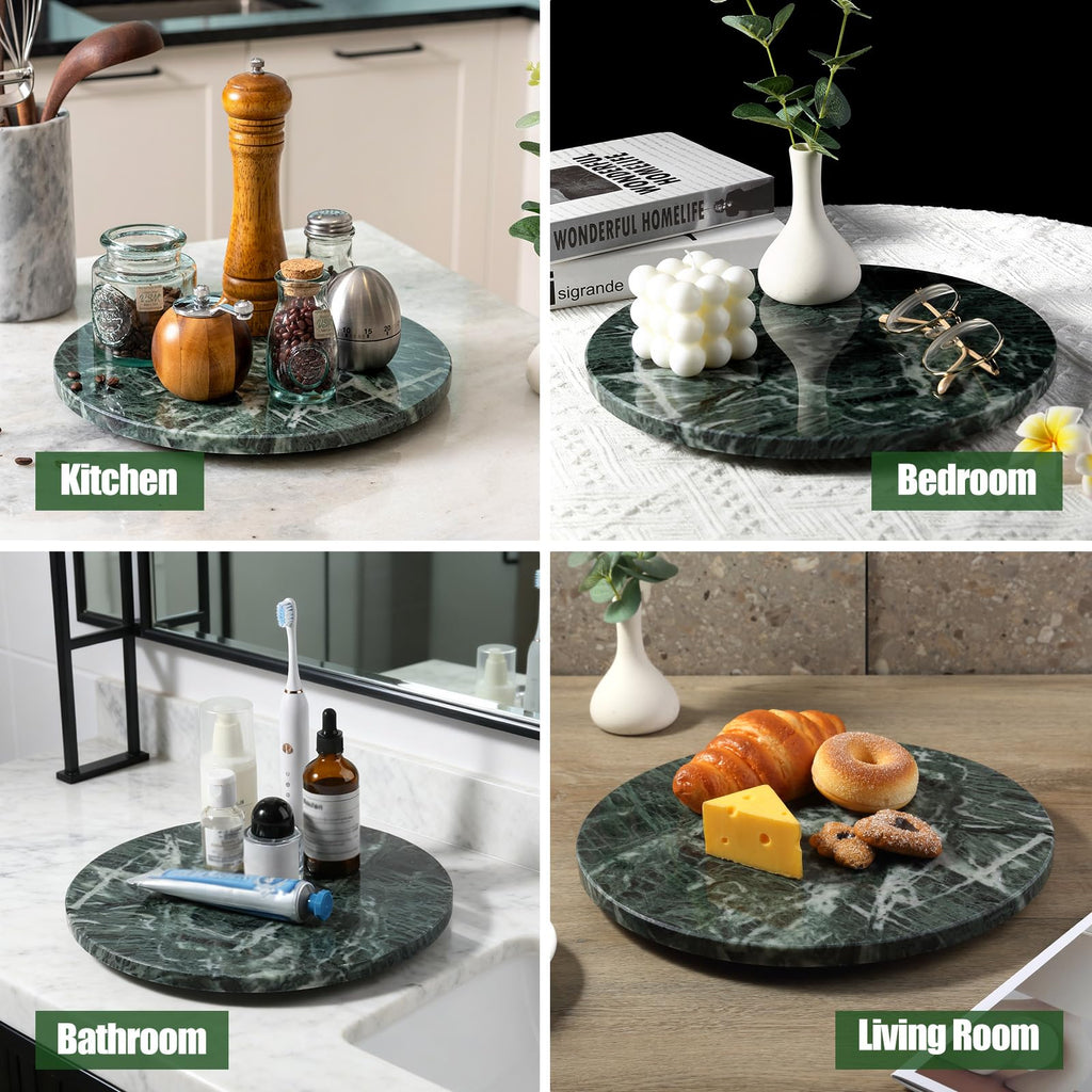 12" Marble Lazy Susan Turntable - 100% Natural Stone Round Serving Tray with Silent Spinning, Revolving Cake Stand &