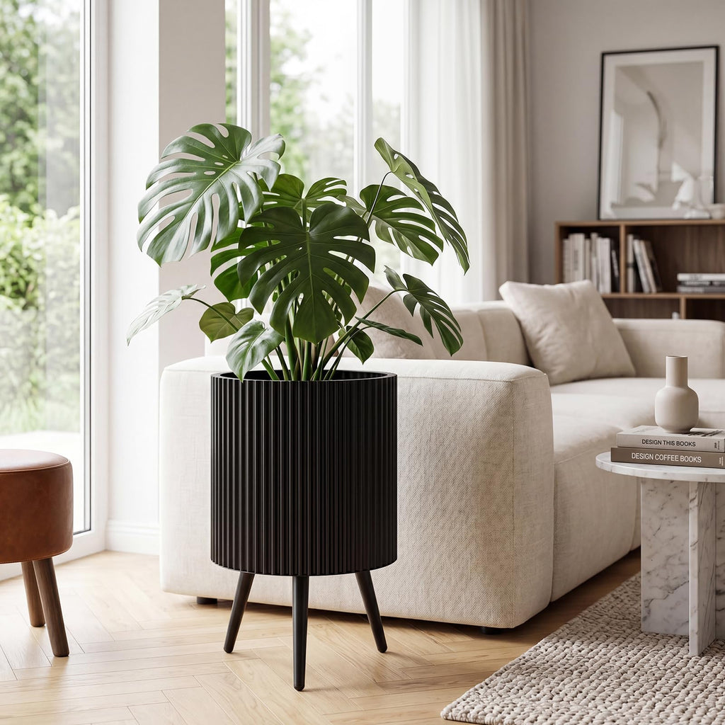 14 Inch Plant Pot with Stand, Mid-Century Modern Fluted Planter