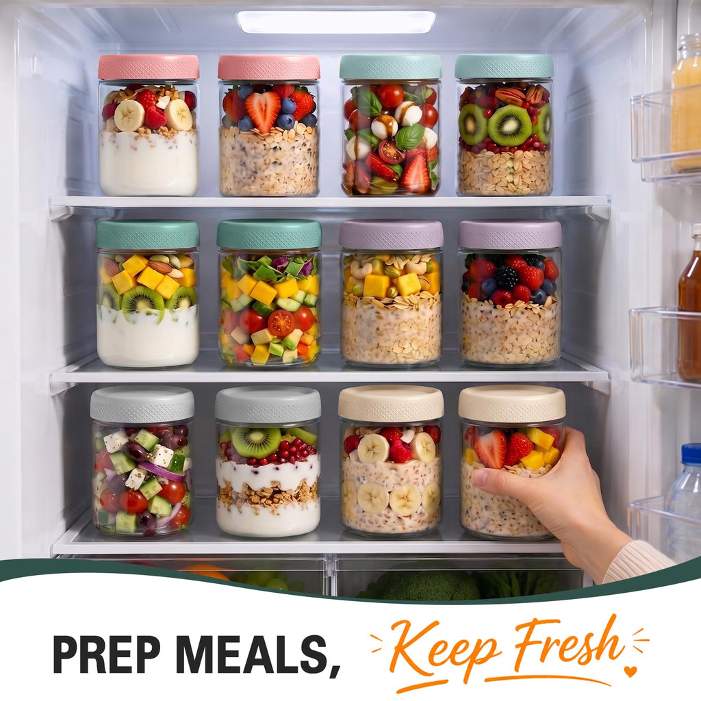 Overnight Oats Containers with Lids, 16 oz Mason Jars, Glass Jar with Lid