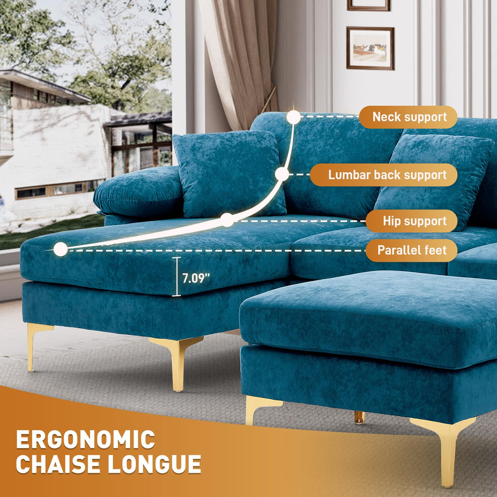 114" U-Shaped Velvet Sectional Couch with Ottoman, Teal Blue