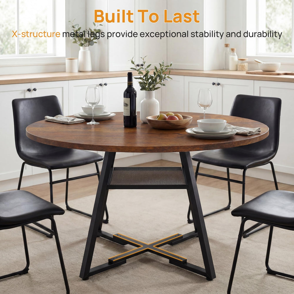 47" Round Dining Table for 4-6, Farmhouse Kitchen Table with Storage Shelf, Wood Circle Table with Pedestal Metal