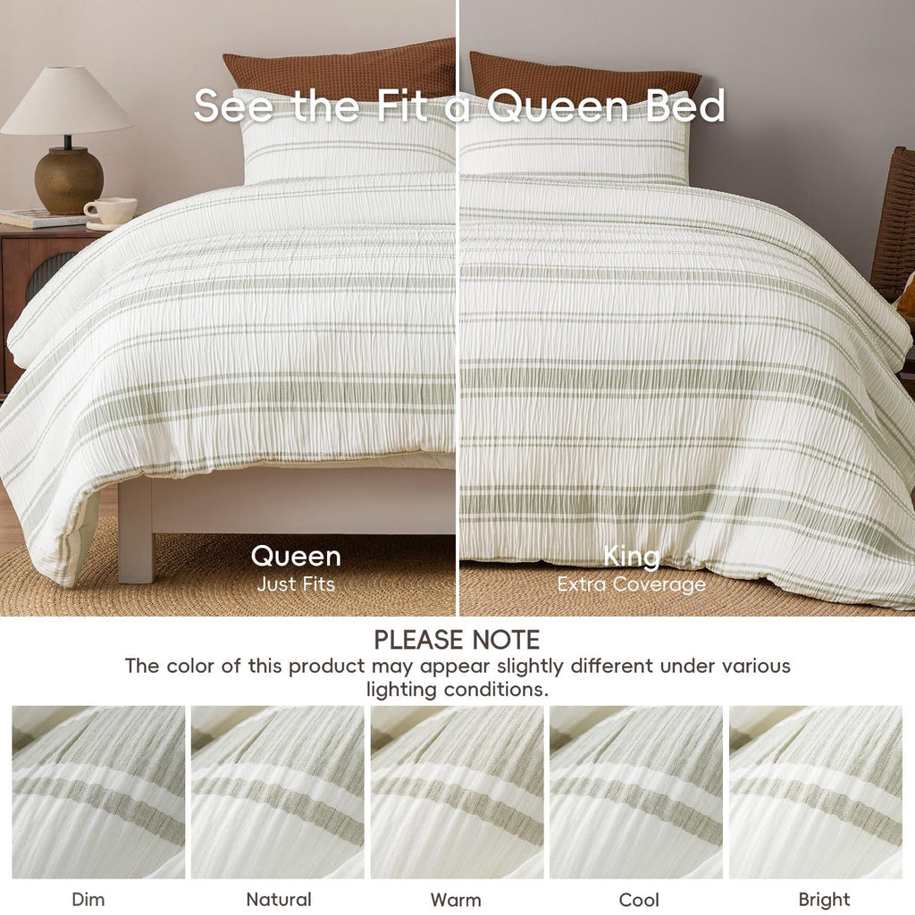 3-Piece Crinkle Comforter Set, Green Stripe, Soft & Breathable
