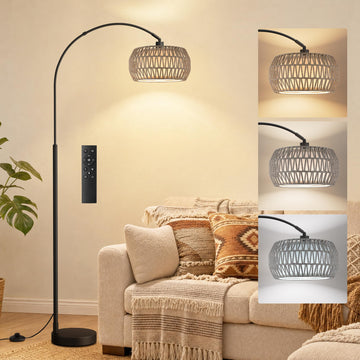 Boho Arc Floor Lamp, Color Temp and Brightness Adjustable, Grey