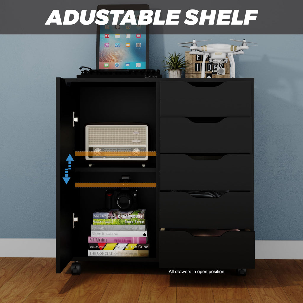 5-Drawer Chest with 1 Door, Wooden Chest of Drawers Storage Cabinet with Wheels, Office Organization and Storage