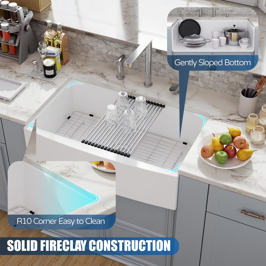 33 White Farmhouse Sink Workstation, Undermount Farm Kitchen Sink 33x21 inch Apron Front White Porcelain Ceramic