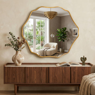 Irregular Hexagon Wall Mirror with Wavy Edge, Modern Decorative Mirror, Frameless Vanity Mirror