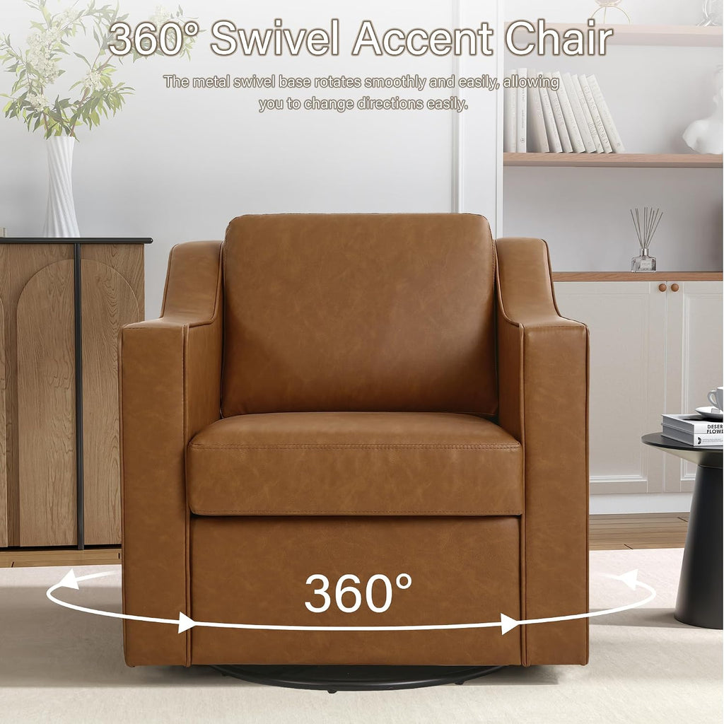 Faux Leather Swivel Accent Barrel Chairs, Brown - Set of 2